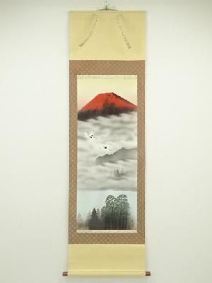 石山筆　赤富士　肉筆絹本掛軸（保護箱）
